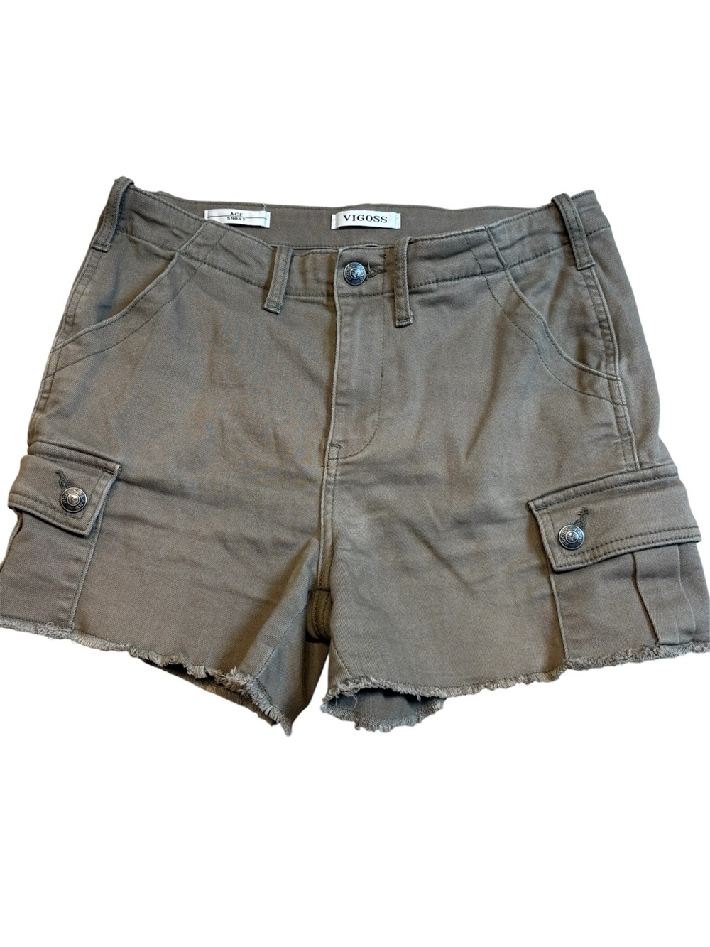 Vigoss Ace High Rise Cargo Shorts Olive Green Raw Hem Utility Size 28 EUC